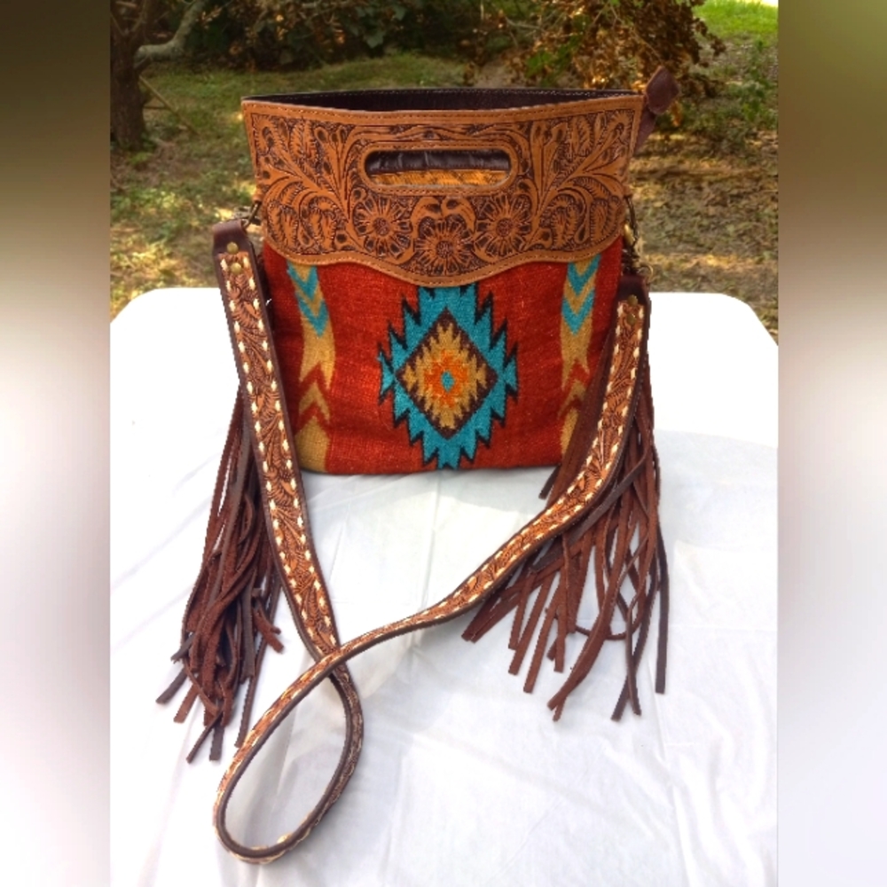 American Darling Tooled Leather Saddle Blanket Wool Bag.